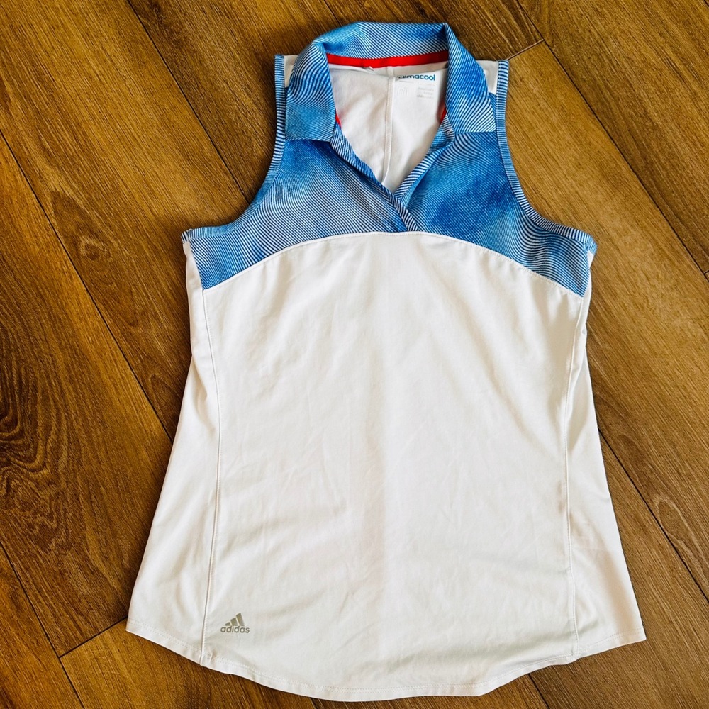 Adidas Climacool Womens Sleeveless Golf‎ Polo Shirt White Blue BC1152 M